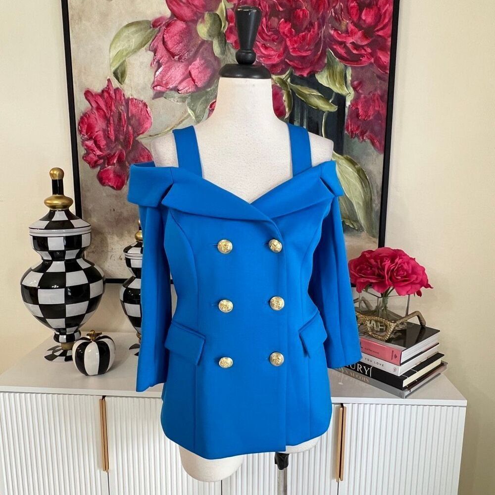 Boston Proper Alexia Admor Cobalt Blue Double Breasted Off Shoulder Blazer Size